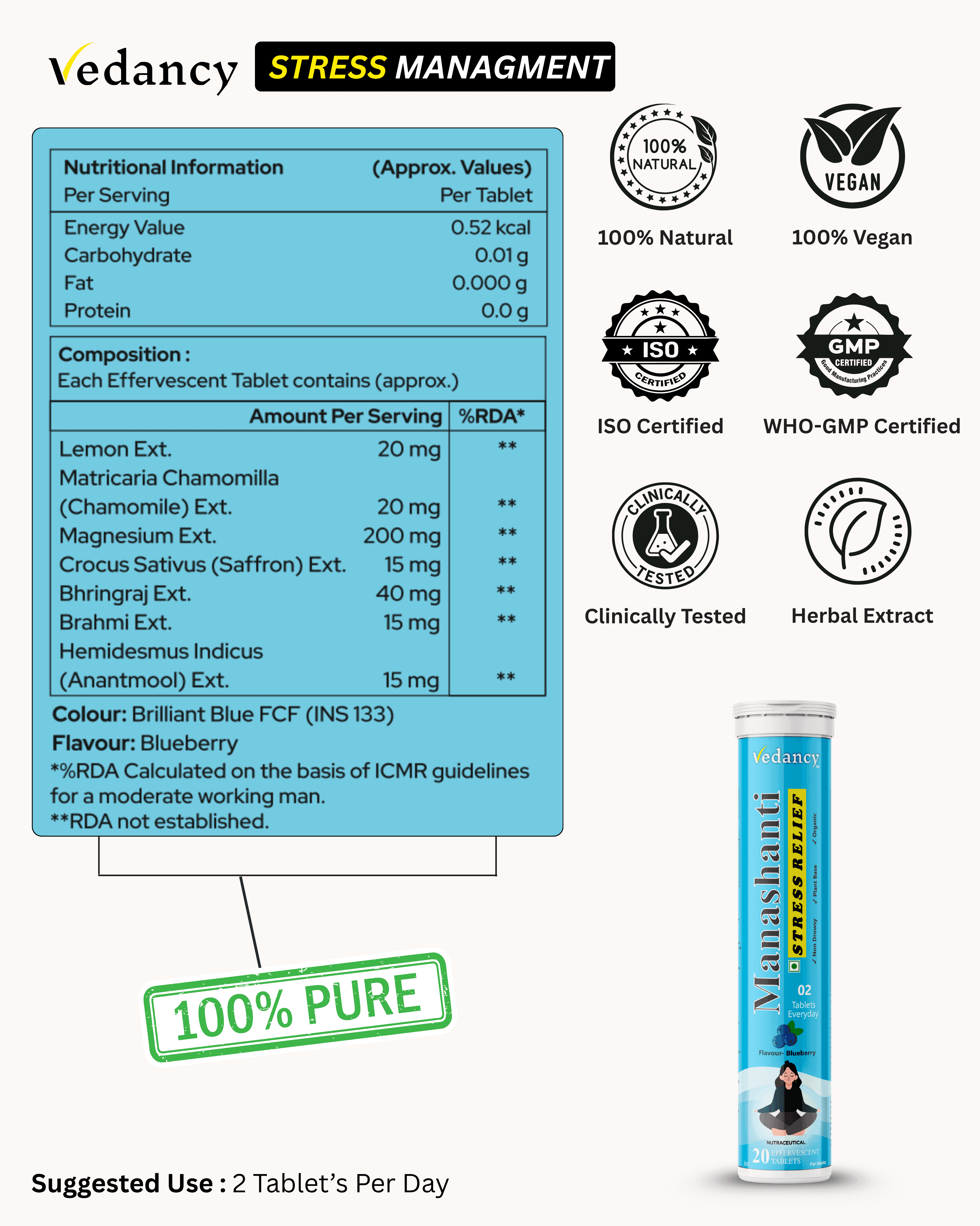 Vedancy Manashanti – Herbal Stress Support Effervescent Tablets | Blueberry Flavor | Non-Drowsy | Plant-Based & Organic | 20 Tabs