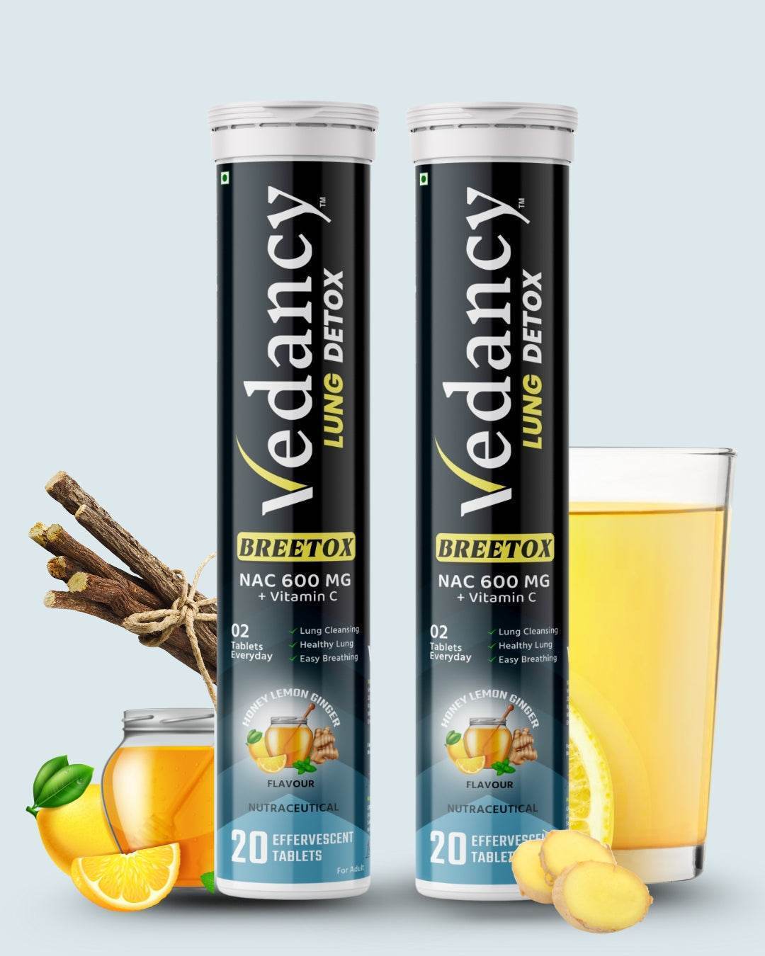 Vedancy Breetox – Herbal Lung Wellness Effervescent Tablets | Honey Lemon Ginger Flavor | With NAC, Vitamin C & Ayurvedic Herbs - Vedancy