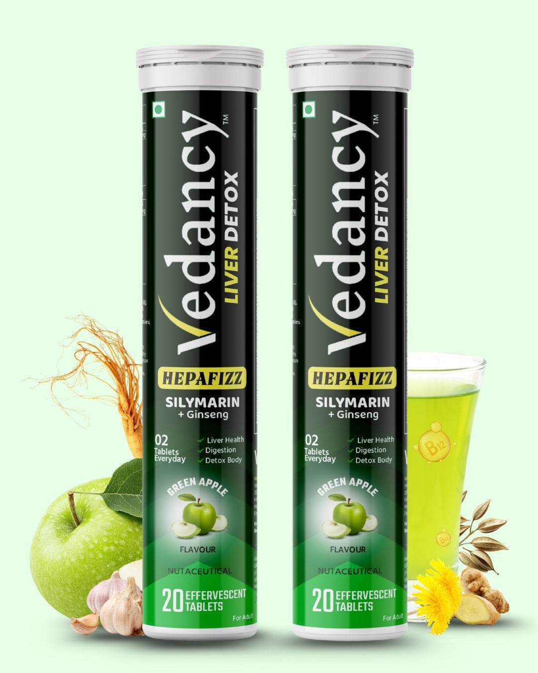 Vedancy HepaFizz – Herbal Liver Wellness Effervescent Tablets | Milk Thistle (Silymarin 250 mg), Vitamin B9 & B12 + 6 Ayurvedic Herbs