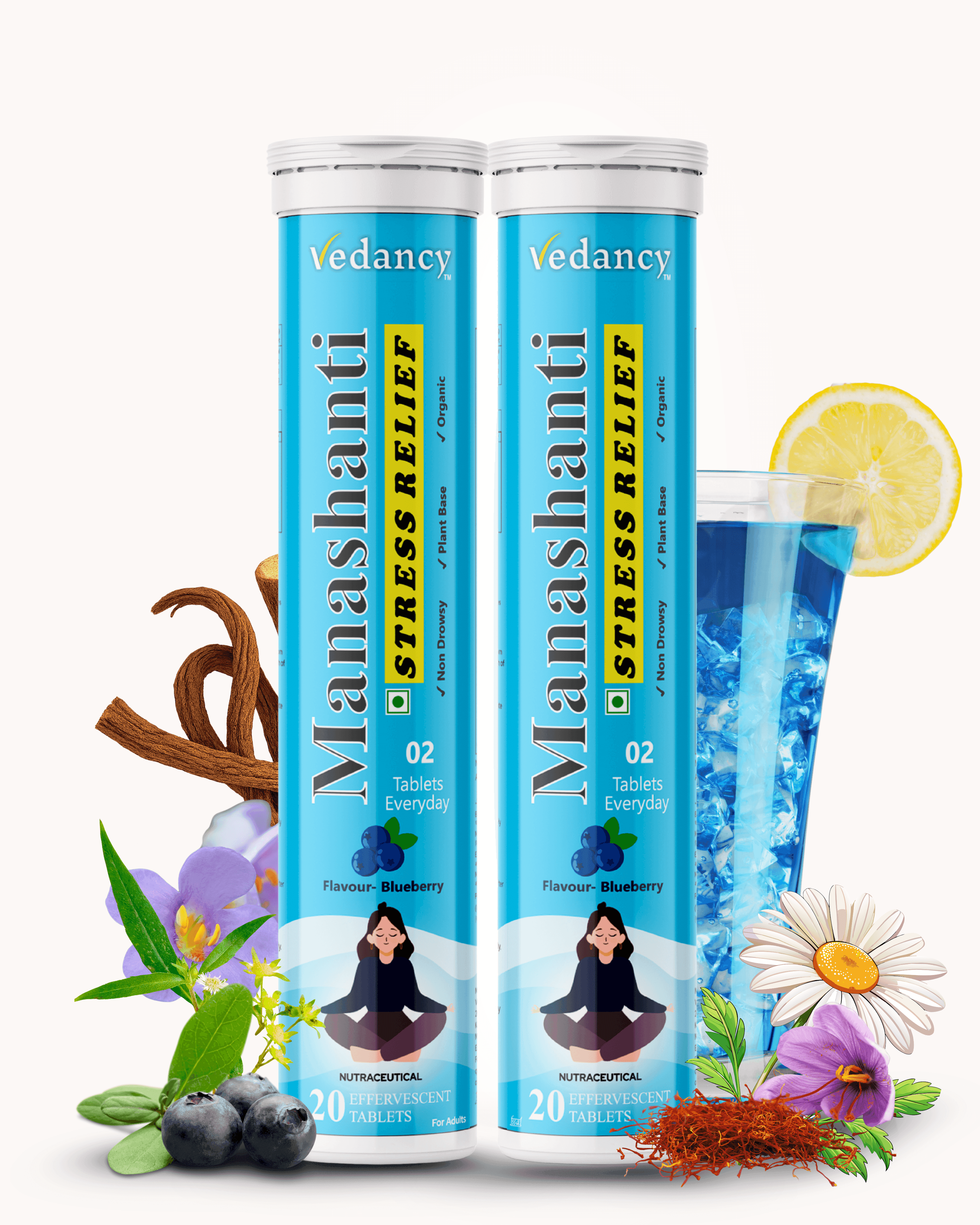 Vedancy Manashanti – Herbal Stress Support Effervescent Tablets | Blueberry Flavor | Non-Drowsy | Plant-Based & Organic | 20 Tabs