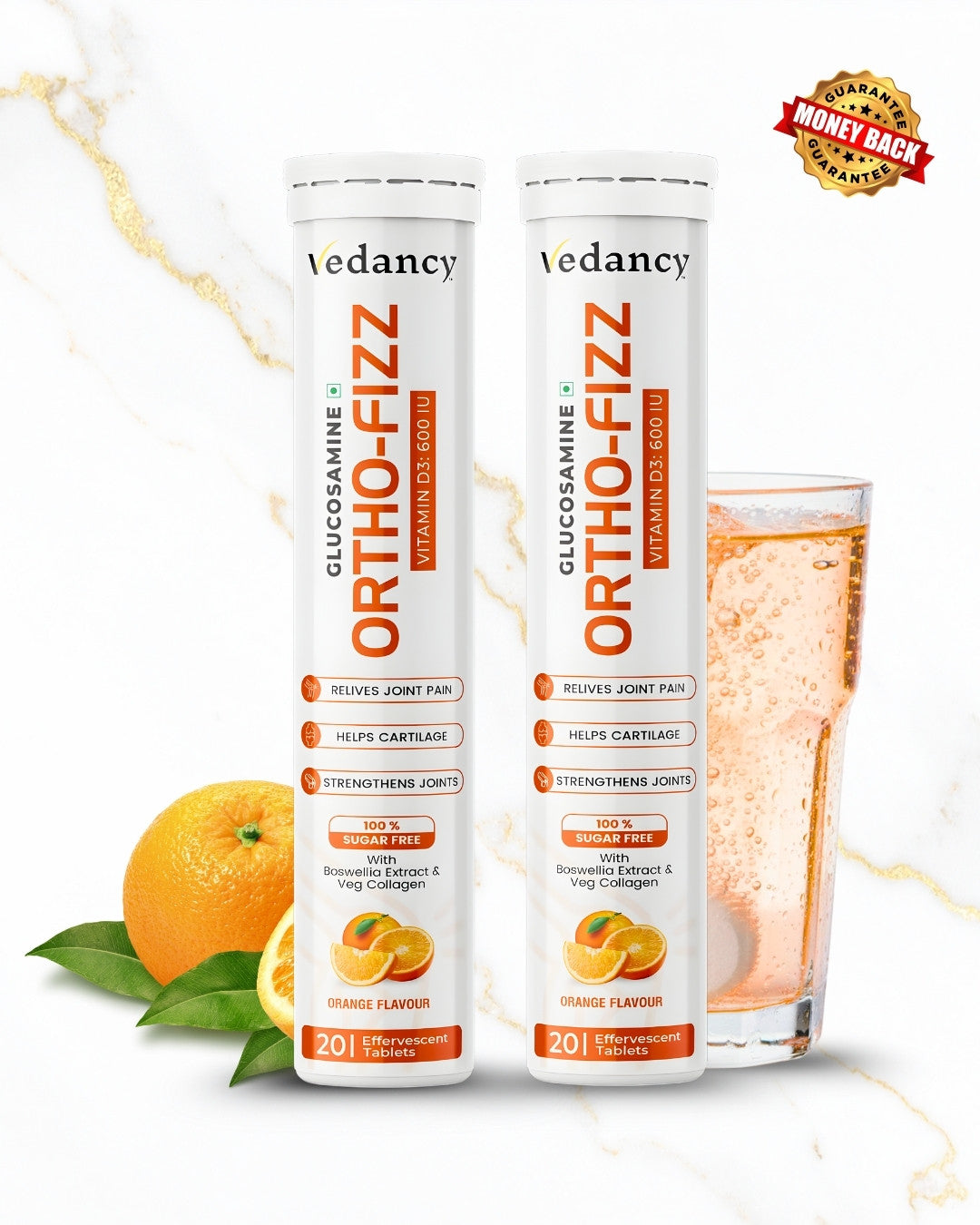 Vedancy OrthoFizz Effervescent Tablets for Joint Pain Relief | Glucosamine 750mg, Chondroitin, Vitamin D3, Veg Collagen, Boswellia & Turmeric Extract | Strengthens Bones, Improves Mobility & Flexibility | Orange Flavor | Sugar-Free