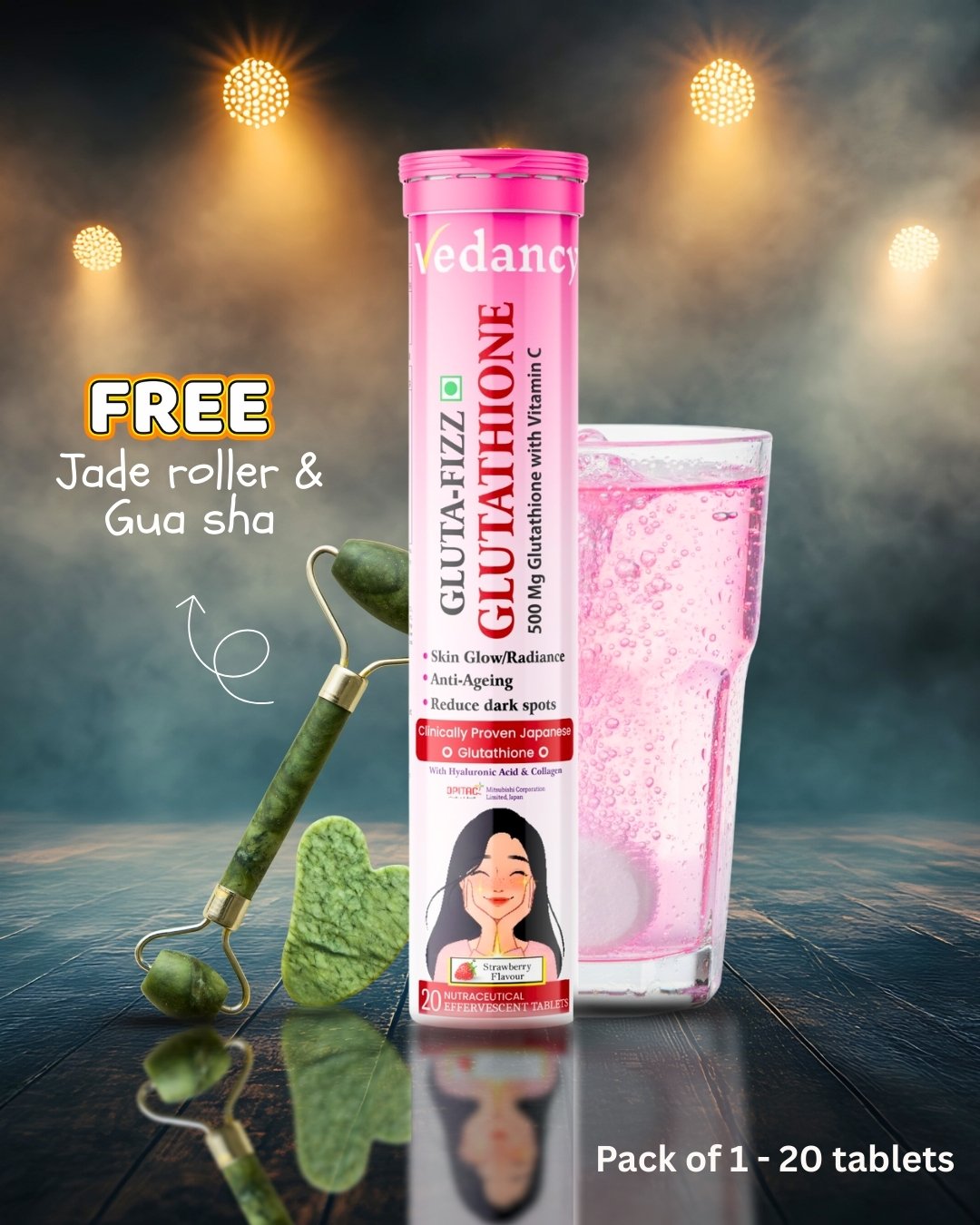 Vedancy GlutaFizz Effervescent Tablets with Opitac™ Japanese Glutathione 500mg, Vitamin C, Hyaluronic Acid, Biotin & Veg Collagen