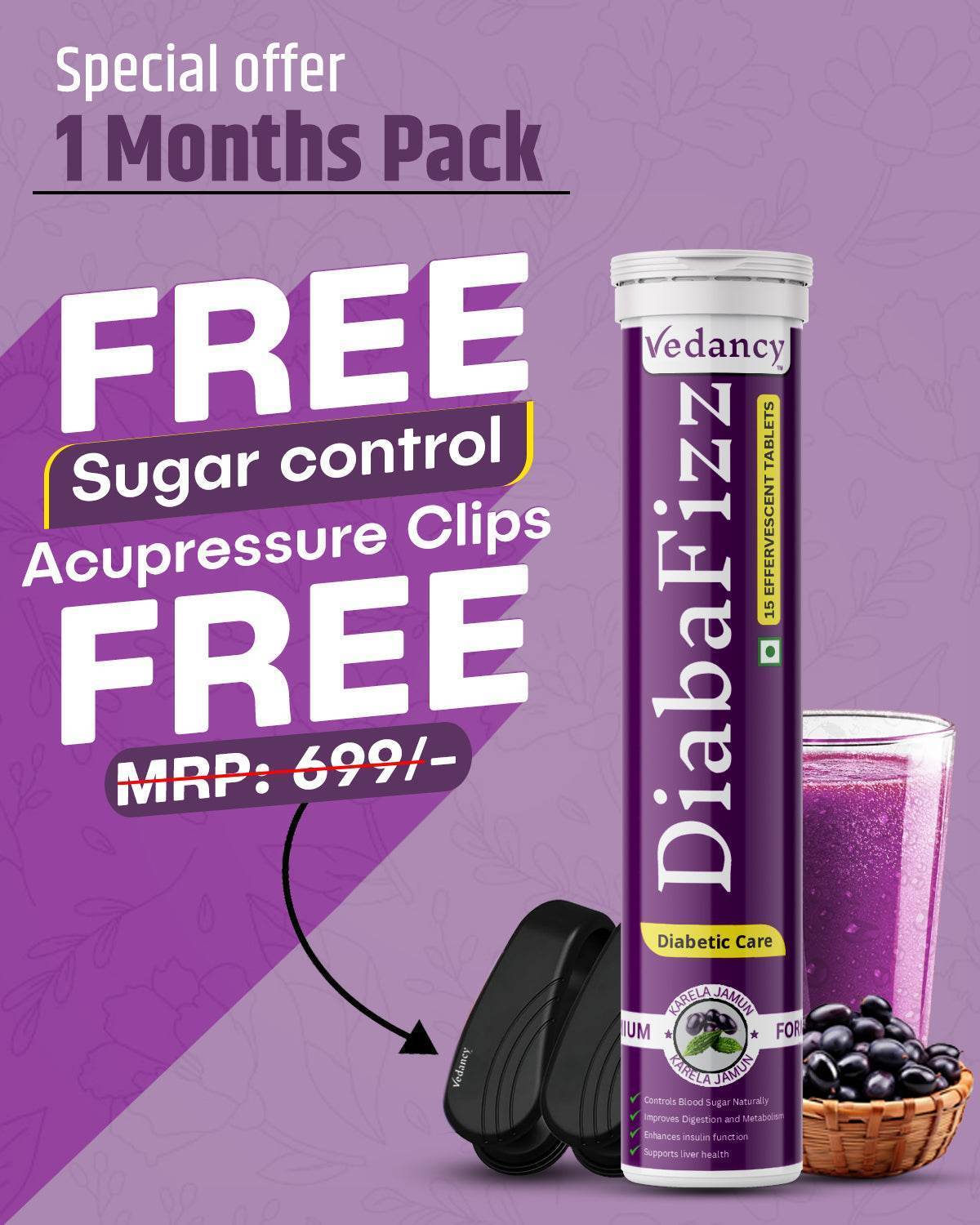 Diabafizz – Herbal Blood Sugar Wellness Effervescent Tablets | Jamun, Karela & 9 Ayurvedic Herbs | Sugar-Free, Vegan, Non-GMO | 15 Tabs - Vedancy