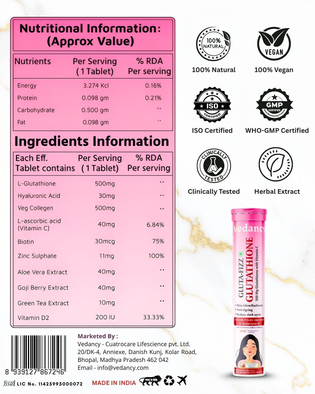 Vedancy GlutaFizz Effervescent Tablets with Opitac™ Japanese Glutathione 500mg, Vitamin C, Hyaluronic Acid, Biotin & Veg Collagen