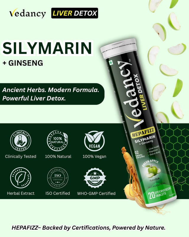 Vedancy HepaFizz – Herbal Liver Wellness Effervescent Tablets | Milk Thistle (Silymarin 250 mg), Vitamin B9 & B12 + 6 Ayurvedic Herbs