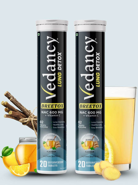 Vedancy Breetox – Herbal Lung Wellness Effervescent Tablets | Honey Lemon Ginger Flavor | With NAC, Vitamin C & Ayurvedic Herbs - Vedancy