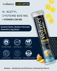 Vedancy Breetox – Herbal Lung Wellness Effervescent Tablets | Honey Lemon Ginger Flavor | With NAC, Vitamin C & Ayurvedic Herbs - Vedancy