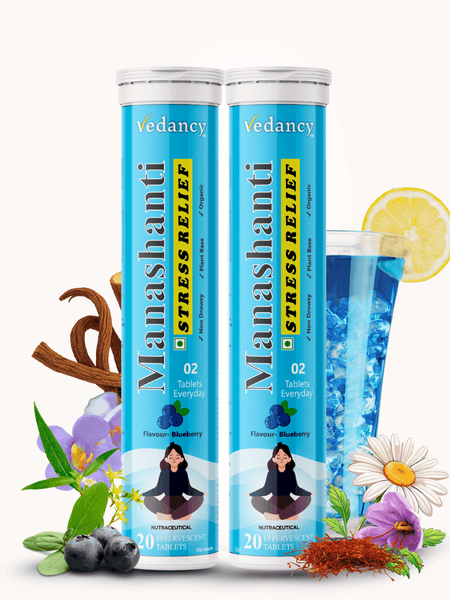 Vedancy Manashanti – Herbal Stress Support Effervescent Tablets | Blueberry Flavor | Non-Drowsy | Plant-Based & Organic | 20 Tabs