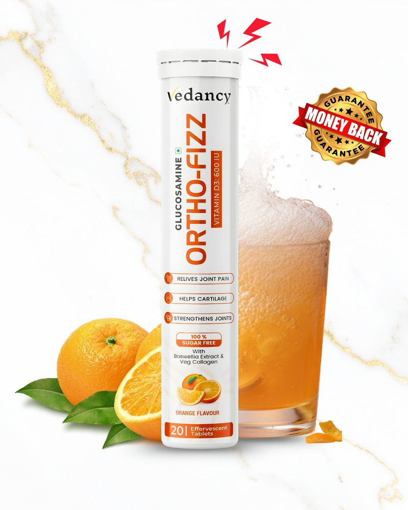 Vedancy OrthoFizz Effervescent Tablets for Joint Pain Relief | Glucosamine 750mg, Chondroitin, Vitamin D3, Veg Collagen, Boswellia & Turmeric Extract | Strengthens Bones, Improves Mobility & Flexibility | Orange Flavor | Sugar-Free