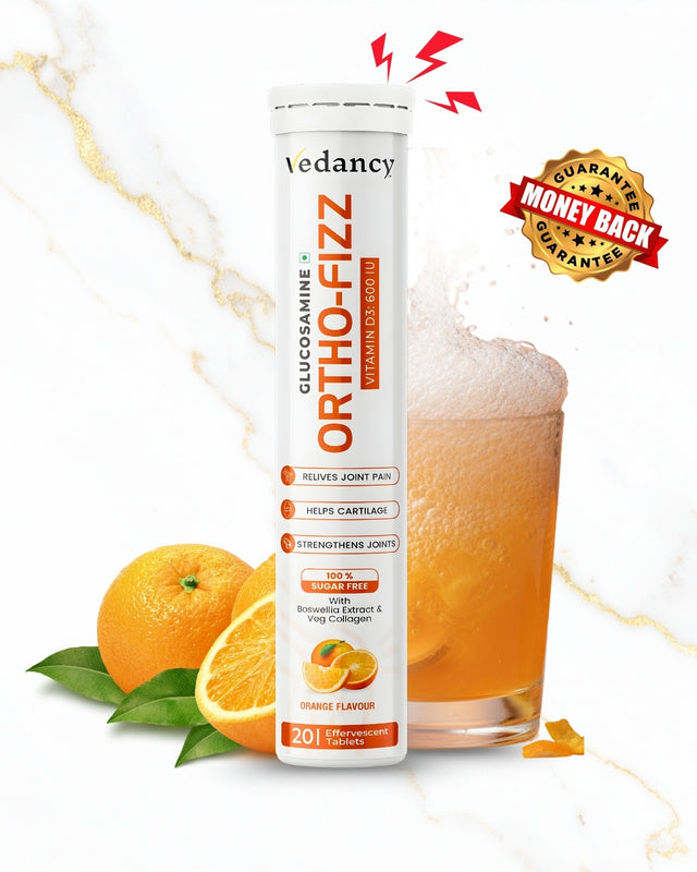Vedancy OrthoFizz Effervescent Tablets for Joint Pain Relief | Glucosamine 750mg, Chondroitin, Vitamin D3, Veg Collagen, Boswellia & Turmeric Extract | Strengthens Bones, Improves Mobility & Flexibility | Orange Flavor | Sugar-Free