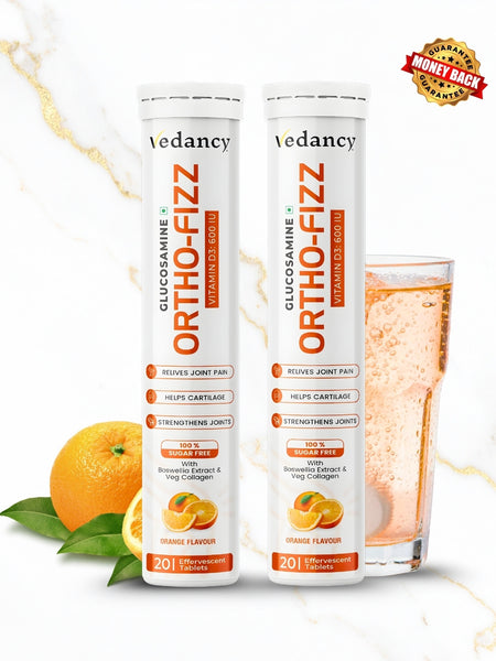 Vedancy OrthoFizz Effervescent Tablets for Joint Pain Relief | Glucosamine 750mg, Chondroitin, Vitamin D3, Veg Collagen, Boswellia & Turmeric Extract | Strengthens Bones, Improves Mobility & Flexibility | Orange Flavor | Sugar-Free