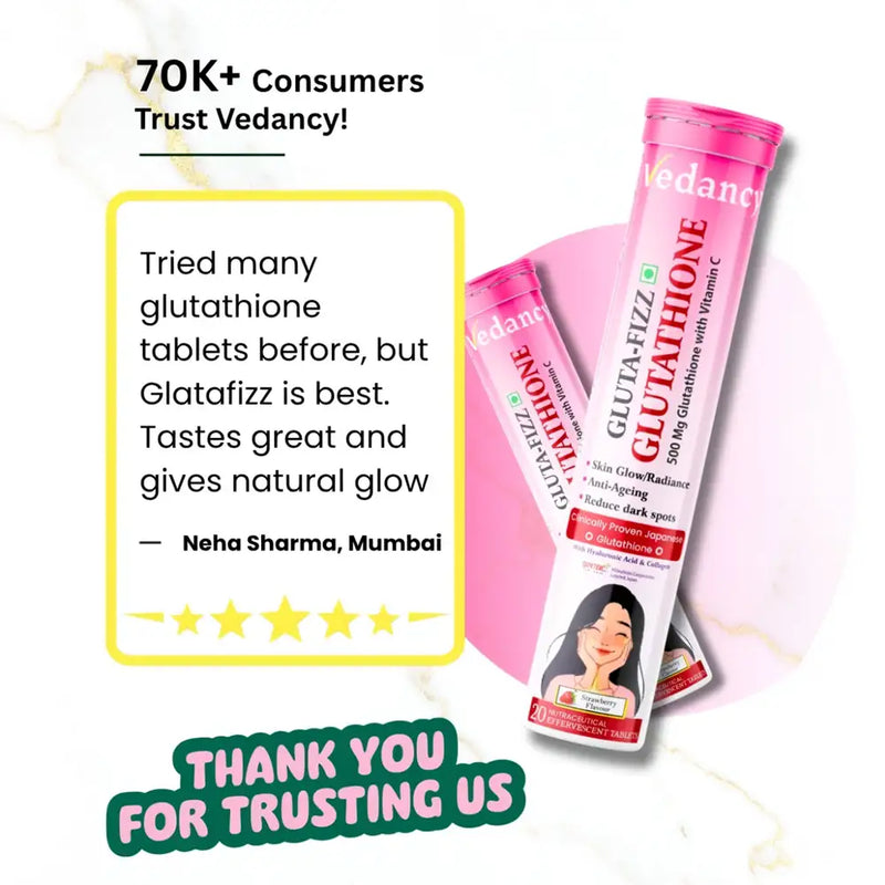 Vedancy GlutaFizz Effervescent Tablets with Opitac™ Japanese Glutathione 500mg, Vitamin C, Hyaluronic Acid, Biotin & Veg Collagen