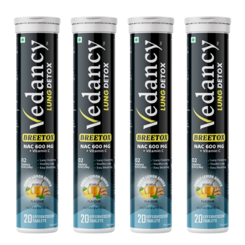 Vedancy Breetox – Herbal Lung Wellness Effervescent Tablets | Honey Lemon Ginger Flavor | With NAC, Vitamin C & Ayurvedic Herbs