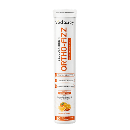 Vedancy OrthoFizz Effervescent Tablets for Joint Pain Relief | Glucosamine 750mg, Chondroitin, Vitamin D3, Veg Collagen, Boswellia & Turmeric Extract | Strengthens Bones, Improves Mobility & Flexibility | Orange Flavor | Sugar-Free