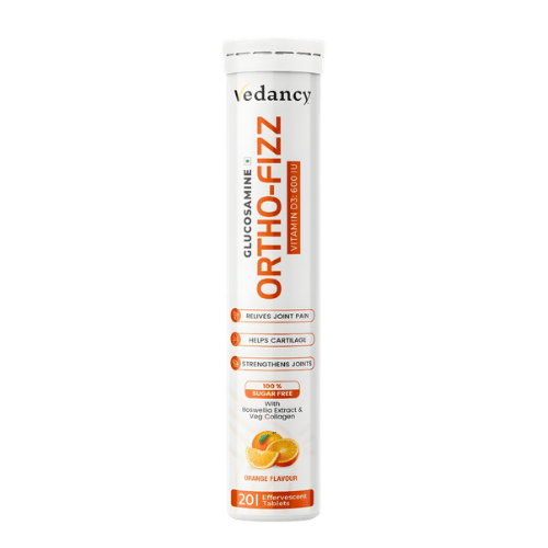 Vedancy OrthoFizz - Effervescent Tablets for Joint Pain Relief | Glucosamine 750mg, Chondroitin, Vitamin D3, Veg Collagen, Boswellia & Turmeric Extract | Strengthens Bones, Improves Mobility & Flexibility | Orange Flavor | Sugar-Free