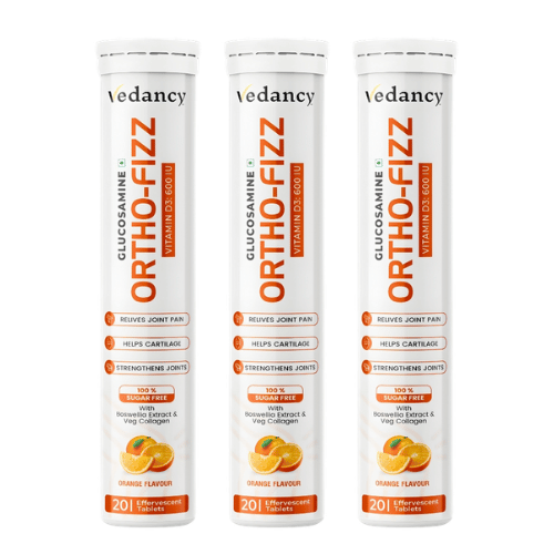 Vedancy OrthoFizz Effervescent Tablets for Joint Pain Relief | Glucosamine 750mg, Chondroitin, Vitamin D3, Veg Collagen, Boswellia & Turmeric Extract | Strengthens Bones, Improves Mobility & Flexibility | Orange Flavor | Sugar-Free