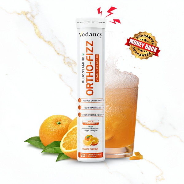 Vedancy OrthoFizz - Effervescent Tablets for Joint Pain Relief | Glucosamine 750mg, Chondroitin, Vitamin D3, Veg Collagen, Boswellia & Turmeric Extract | Strengthens Bones, Improves Mobility & Flexibility | Orange Flavor | Sugar-Free