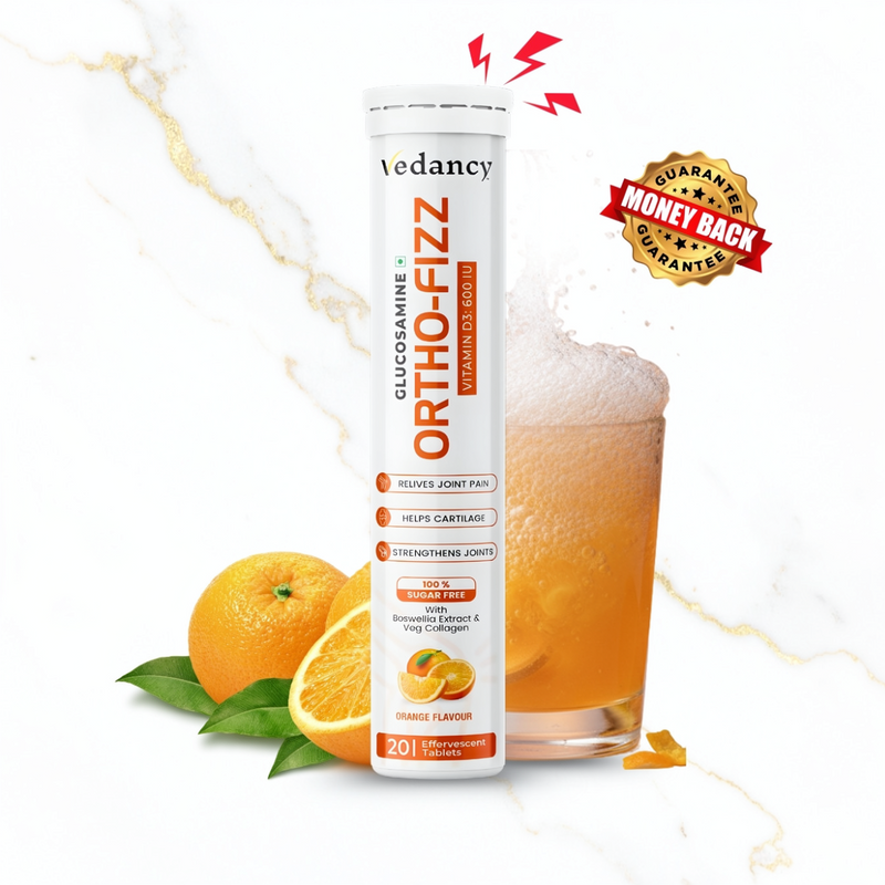 Vedancy OrthoFizz - Effervescent Tablets for Joint Pain Relief | Glucosamine 750mg, Chondroitin, Vitamin D3, Veg Collagen, Boswellia & Turmeric Extract | Strengthens Bones, Improves Mobility & Flexibility | Orange Flavor | Sugar-Free