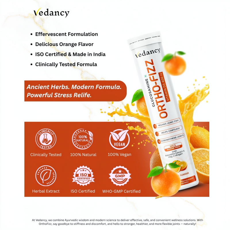 Vedancy OrthoFizz - Effervescent Tablets for Joint Pain Relief | Glucosamine 750mg, Chondroitin, Vitamin D3, Veg Collagen, Boswellia & Turmeric Extract | Strengthens Bones, Improves Mobility & Flexibility | Orange Flavor | Sugar-Free