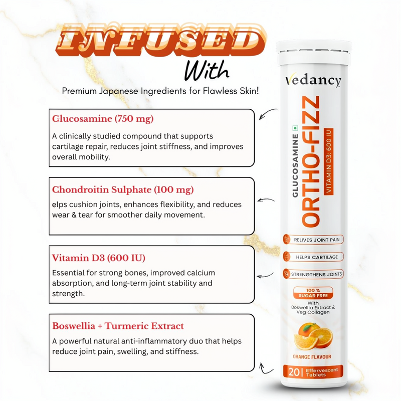 Vedancy OrthoFizz - Effervescent Tablets for Joint Pain Relief | Glucosamine 750mg, Chondroitin, Vitamin D3, Veg Collagen, Boswellia & Turmeric Extract | Strengthens Bones, Improves Mobility & Flexibility | Orange Flavor | Sugar-Free