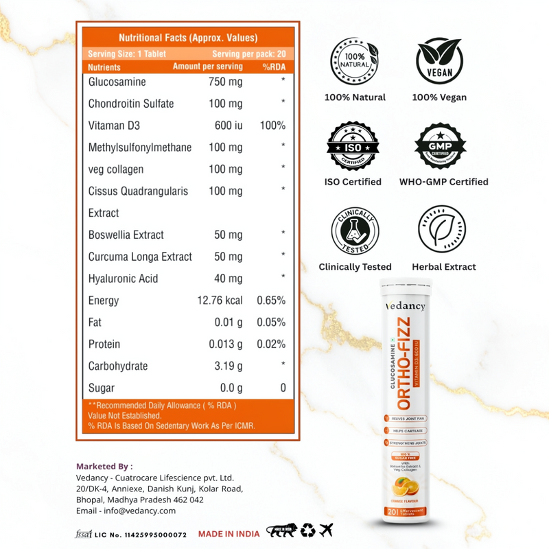 Vedancy OrthoFizz - Effervescent Tablets for Joint Pain Relief | Glucosamine 750mg, Chondroitin, Vitamin D3, Veg Collagen, Boswellia & Turmeric Extract | Strengthens Bones, Improves Mobility & Flexibility | Orange Flavor | Sugar-Free