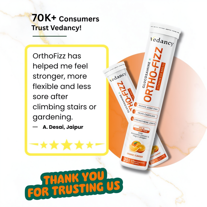Vedancy OrthoFizz - Effervescent Tablets for Joint Pain Relief | Glucosamine 750mg, Chondroitin, Vitamin D3, Veg Collagen, Boswellia & Turmeric Extract | Strengthens Bones, Improves Mobility & Flexibility | Orange Flavor | Sugar-Free