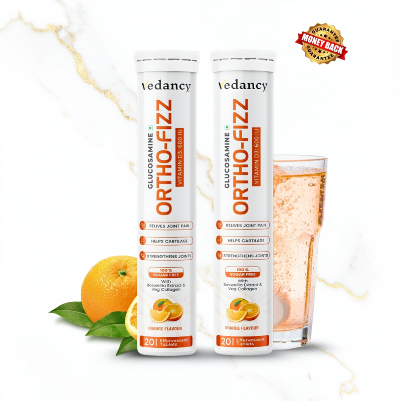 Vedancy OrthoFizz - Effervescent Tablets for Joint Pain Relief | Glucosamine 750mg, Chondroitin, Vitamin D3, Veg Collagen, Boswellia & Turmeric Extract | Strengthens Bones, Improves Mobility & Flexibility | Orange Flavor | Sugar-Free