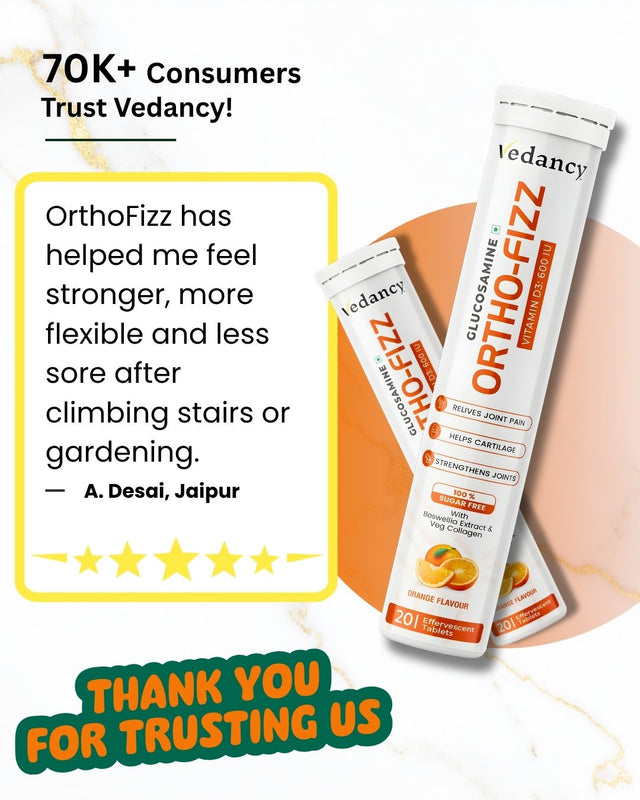 Vedancy OrthoFizz Effervescent Tablets for Joint Pain Relief | Glucosamine 750mg, Chondroitin, Vitamin D3, Veg Collagen, Boswellia & Turmeric Extract | Strengthens Bones, Improves Mobility & Flexibility | Orange Flavor | Sugar-Free