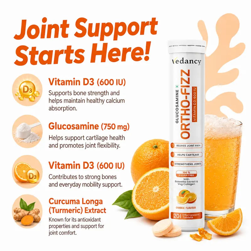 Vedancy OrthoFizz - Effervescent Tablets for Joint Pain Relief | Glucosamine 750mg, Chondroitin, Vitamin D3, Veg Collagen, Boswellia & Turmeric Extract | Strengthens Bones, Improves Mobility & Flexibility | Orange Flavor | Sugar-Free