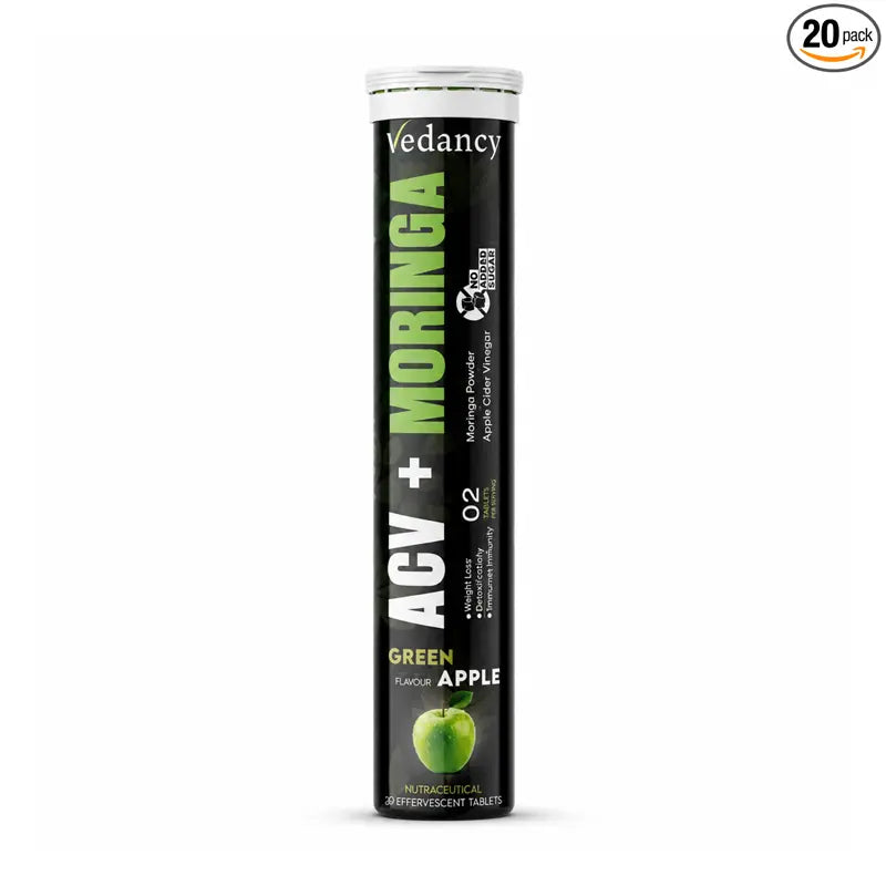 Vedancy ACV and Moringa effervescent tablets tube with crisp green apple fizzy drink