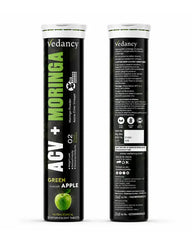 Vedancy ACV and Moringa effervescent tablets tube with crisp green apple fizzy drink