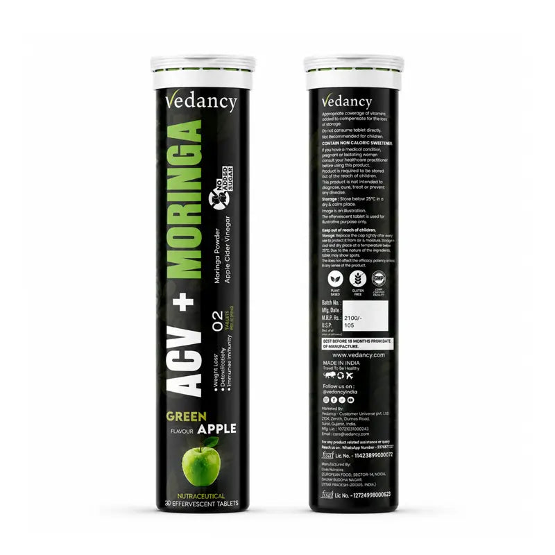 Vedancy ACV and Moringa effervescent tablets tube with crisp green apple fizzy drink