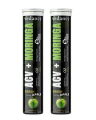 Vedancy ACV and Moringa effervescent tablets tube with crisp green apple fizzy drink