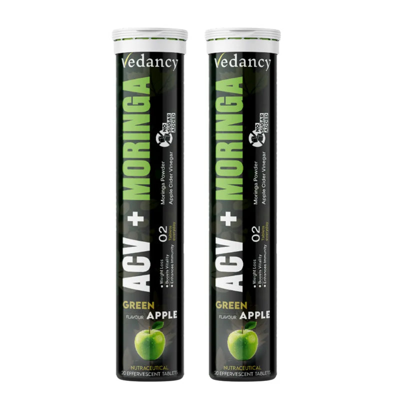 Vedancy ACV and Moringa effervescent tablets tube with crisp green apple fizzy drink