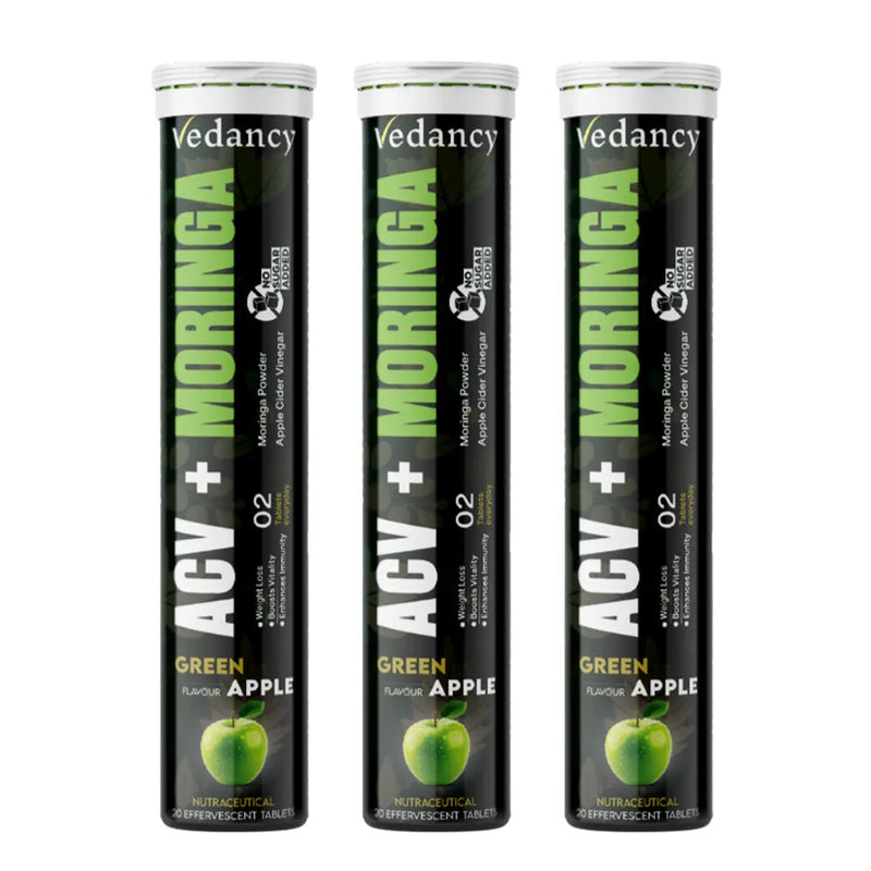Vedancy ACV and Moringa effervescent tablets tube with crisp green apple fizzy drink
