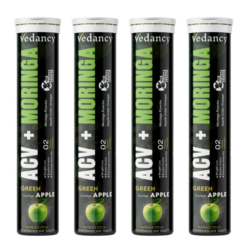 Vedancy ACV and Moringa effervescent tablets tube with crisp green apple fizzy drink