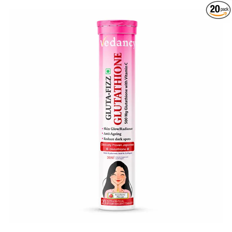Vedancy GlutaFizz Japanese glutathione effervescent tablets tube with fizzing drink glass for glowing skin