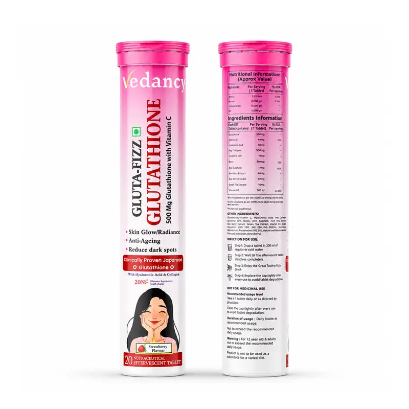 Vedancy GlutaFizz Japanese glutathione effervescent tablets tube with fizzing drink glass for glowing skin