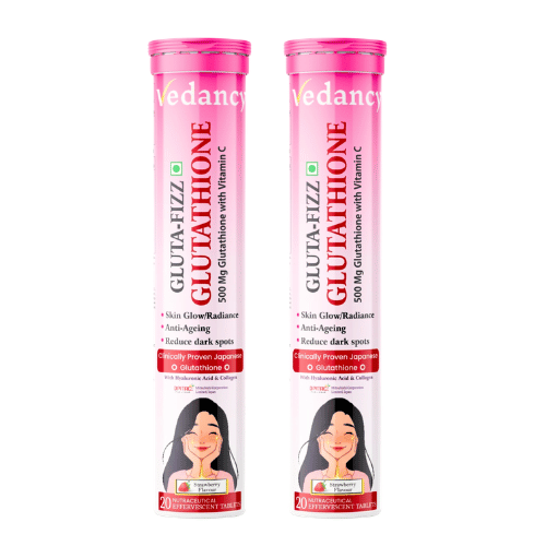 Vedancy GlutaFizz Japanese glutathione effervescent tablets tube with fizzing drink glass for glowing skin