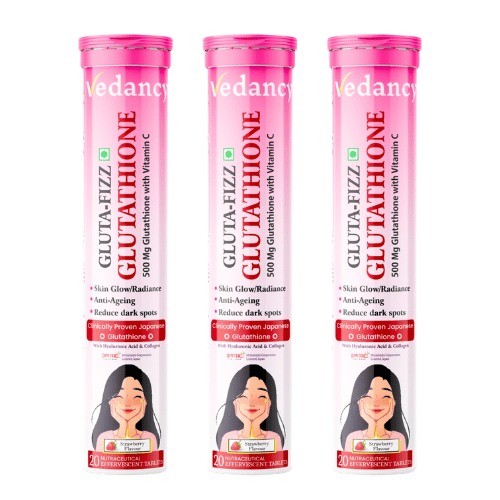 Vedancy GlutaFizz Japanese glutathione effervescent tablets tube with fizzing drink glass for glowing skin