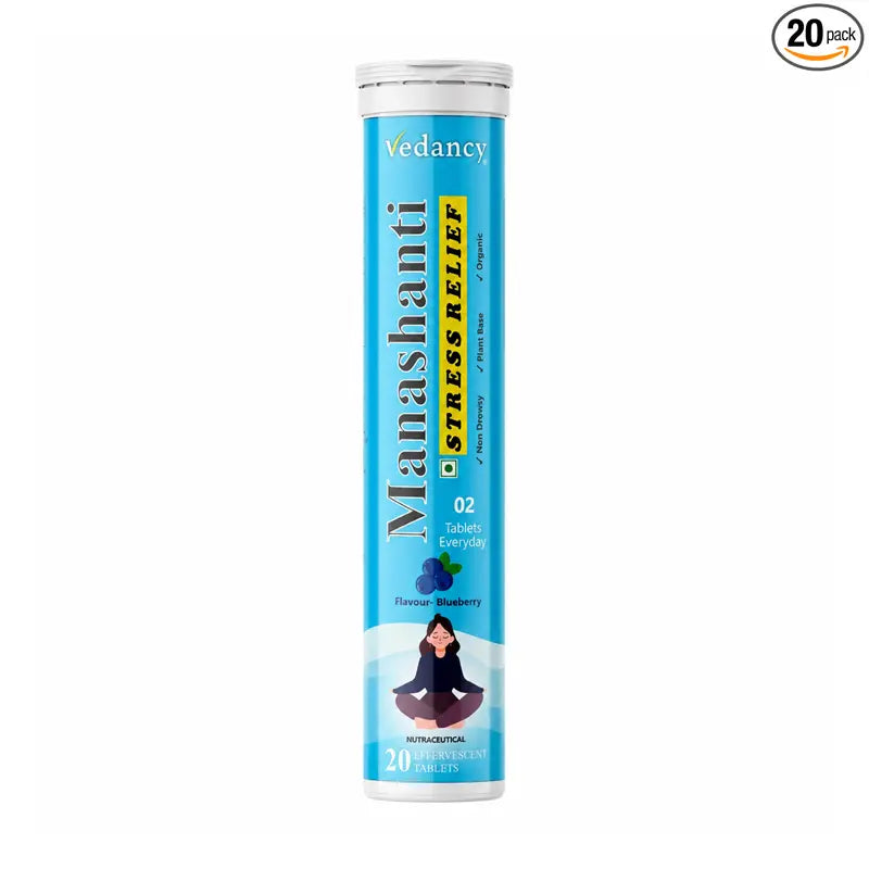 Vedancy Manashanti stress relief tablets tube with refreshing calming herbal drink