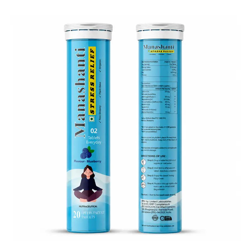 Vedancy Manashanti stress relief tablets tube with refreshing calming herbal drink