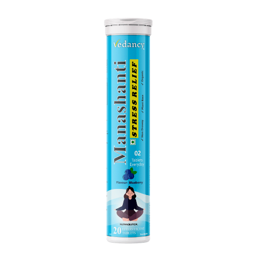 Vedancy Manashanti stress relief tablets tube with refreshing calming herbal drink