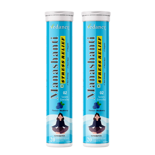 Vedancy Manashanti stress relief tablets tube with refreshing calming herbal drink