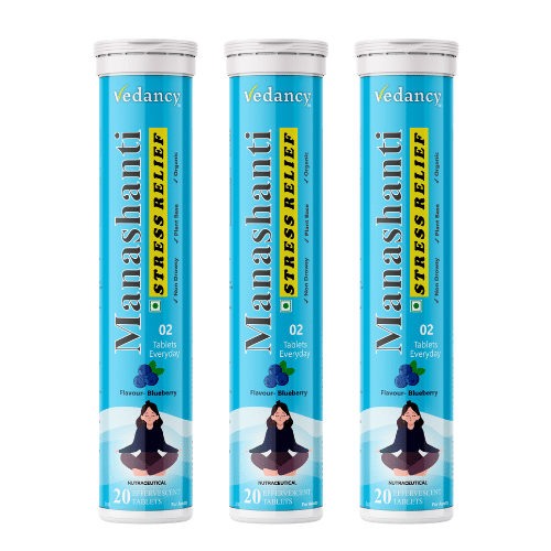 Vedancy Manashanti stress relief tablets tube with refreshing calming herbal drink