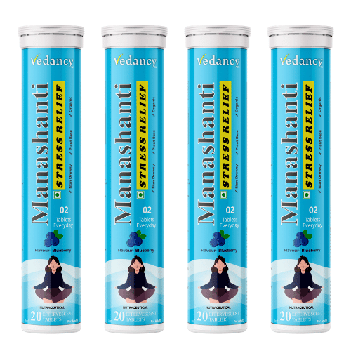 Vedancy Manashanti stress relief tablets tube with refreshing calming herbal drink