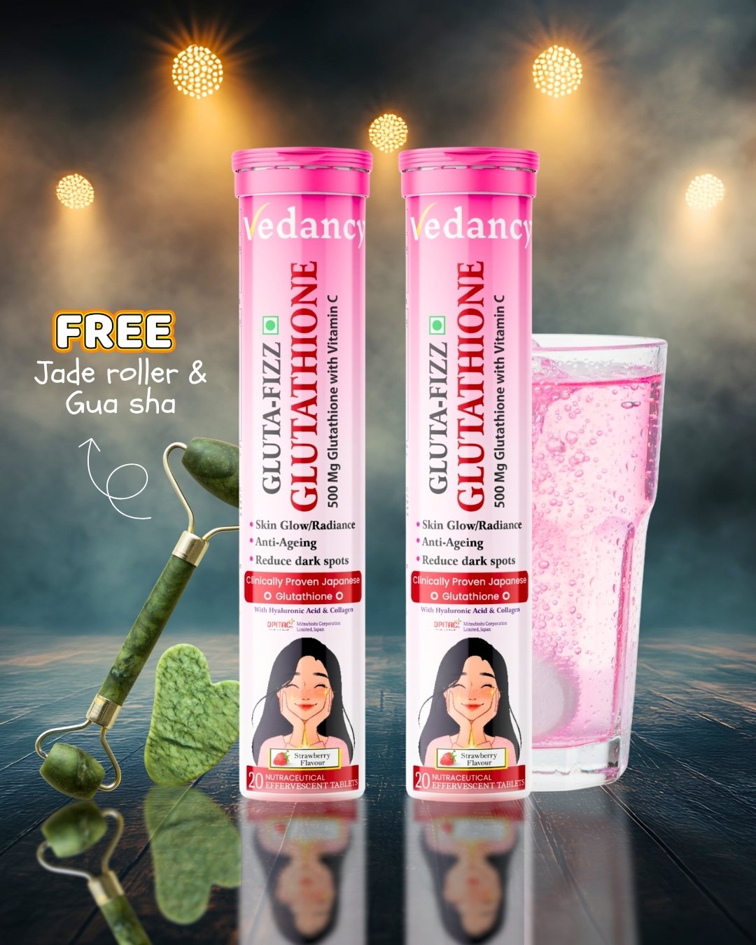 Vedancy GlutaFizz Effervescent Tablets with Opitac™ Japanese Glutathione 500mg, Vitamin C, Hyaluronic Acid, Biotin & Veg Collagen