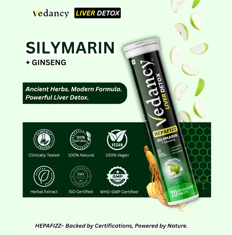 Vedancy HepaFizz – Herbal Liver Wellness Effervescent Tablets | Milk Thistle (Silymarin 250 mg), Vitamin B9 & B12 + 6 Ayurvedic Herbs