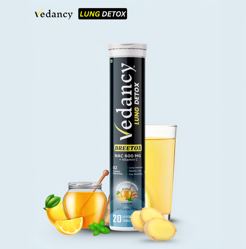 Vedancy Breetox – Herbal Lung Wellness Effervescent Tablets | Honey Lemon Ginger Flavor | With NAC, Vitamin C & Ayurvedic Herbs