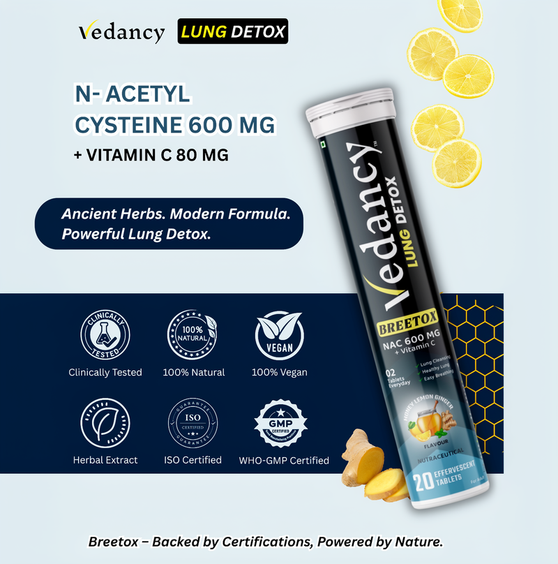 Vedancy Breetox – Herbal Lung Wellness Effervescent Tablets | Honey Lemon Ginger Flavor | With NAC, Vitamin C & Ayurvedic Herbs